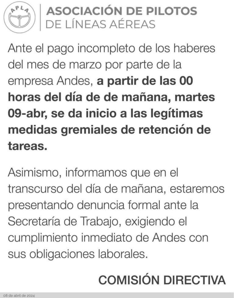 paro-en-una-aerolinea-de-cabotaje:-los-pilotos-de-andes-reclaman-el-pago-completo-de-sus-sueldos