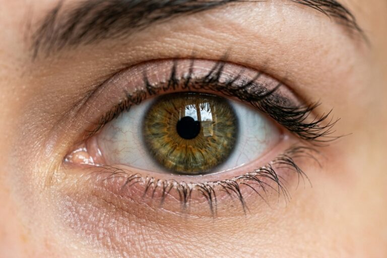 Ilustración de una mosca negra pequeña volando cerca de un ojo humano.