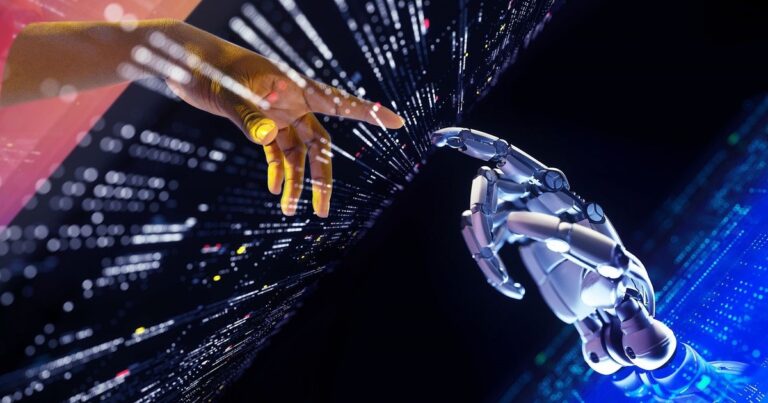 Ilustración de una persona interactuando con un chatbot en una pantalla, representando el estudio sobre inteligencia artificial.