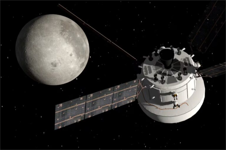 Ilustración de la cápsula Orion de la NASA sobrevolando la Tierra.