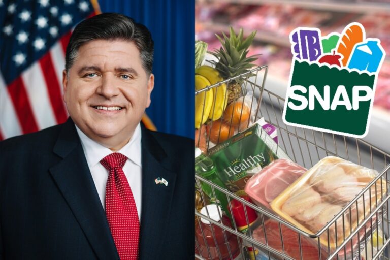 Gobernador JB Pritzker durante una conferencia de prensa sobre programas sociales.