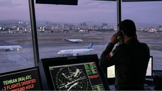 Representación gráfica de un ciberataque a infraestructura crítica con iconos de servidores, agua y aviones.