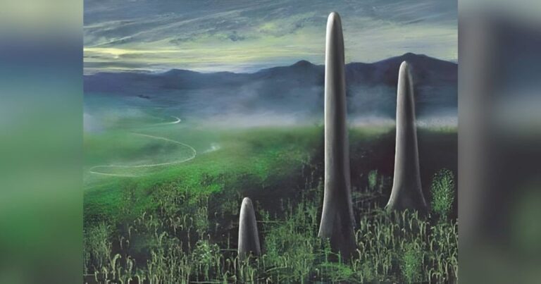 Recreación artística de los Prototaxites, organismos columnares gigantes que habitaron la Tierra hace 400 millones de años.