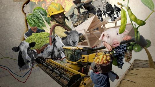 Mapa de la provincia de Córdoba con iconos representando industria, agro y tecnología, superpuesto con un mapa de Asia.