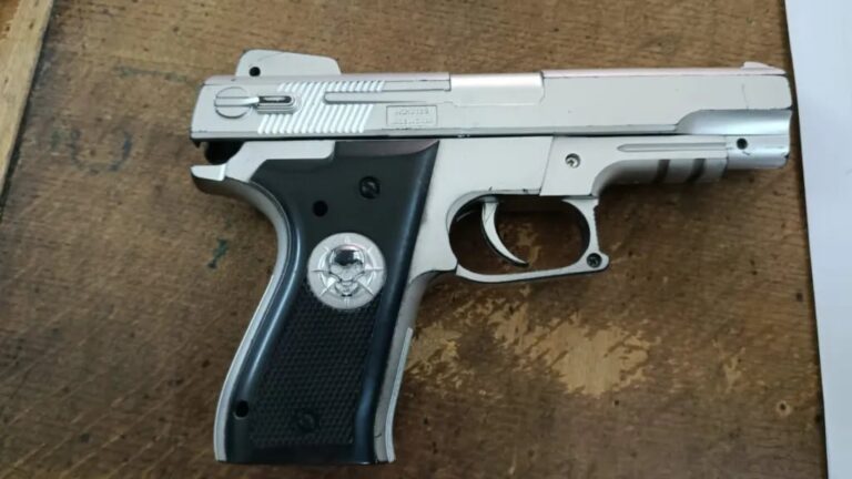 Ilustración de una fachada escolar con un símbolo de prohibición sobre un arma, representando seguridad en instituciones educativas.