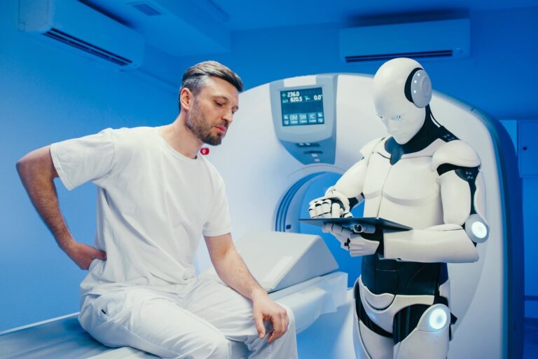 Ilustración de una pantalla con un símbolo médico y un chatbot, representando consultas de salud con inteligencia artificial