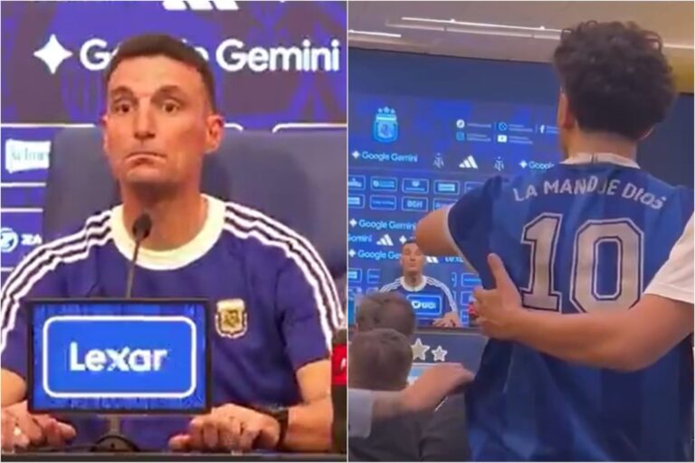 Lionel Scaloni en conferencia de prensa, sonriendo tras la interrupción de un hincha.