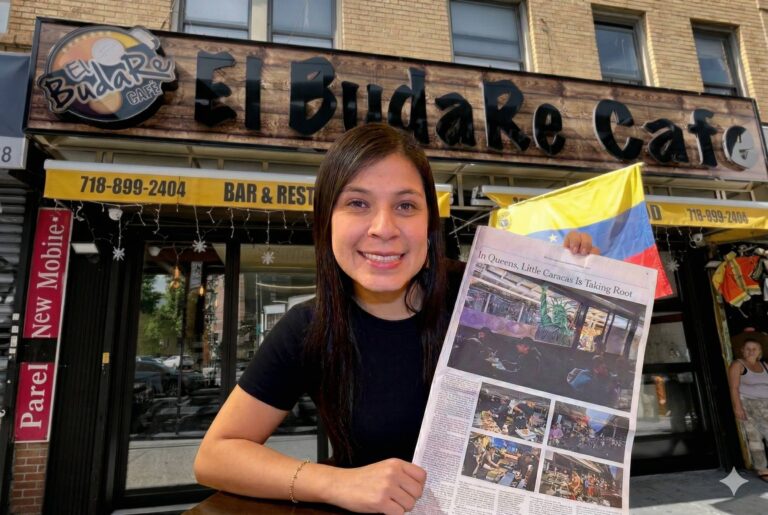 Sandra Sayago, emprendedora venezolana, posa en uno de sus restaurantes en Queens, Nueva York.