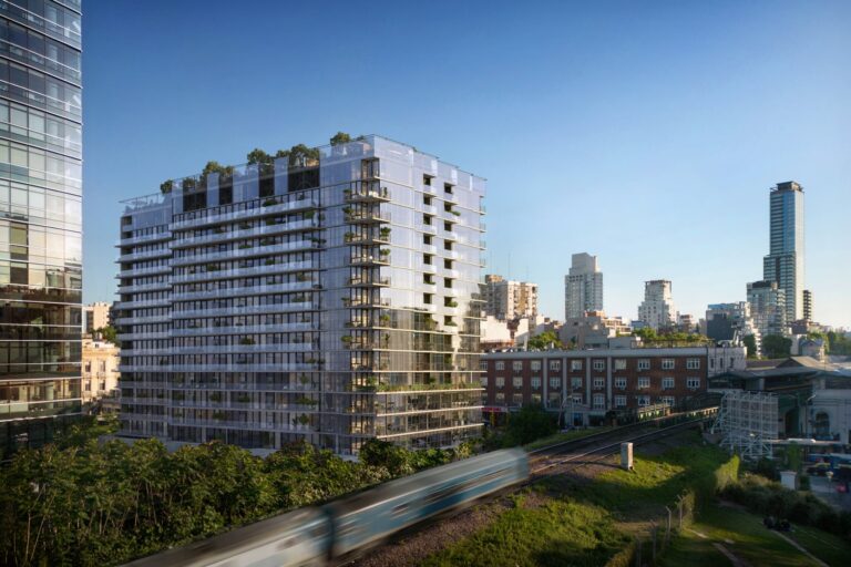 Perspectiva aérea de un desarrollo urbano moderno integrado con los Bosques de Palermo en Buenos Aires.