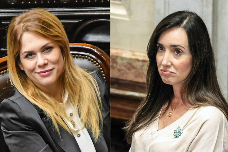 Fotografía de Victoria Villarruel y Lilia Lemoine en sesiones separadas del Congreso Nacional.
