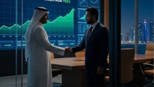 Representación gráfica de un mapa de Medio Oriente con iconos de inteligencia artificial y diplomacia superpuestos.