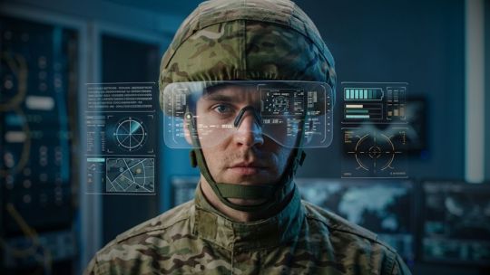 Representación de un soldado con casco tecnológico conectado a drones y sistemas militares