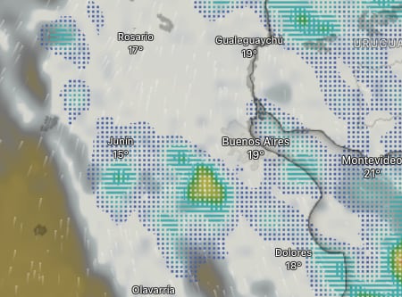 Mapa del pronóstico del tiempo con nubes y lluvia sobre la Ciudad de Buenos Aires
