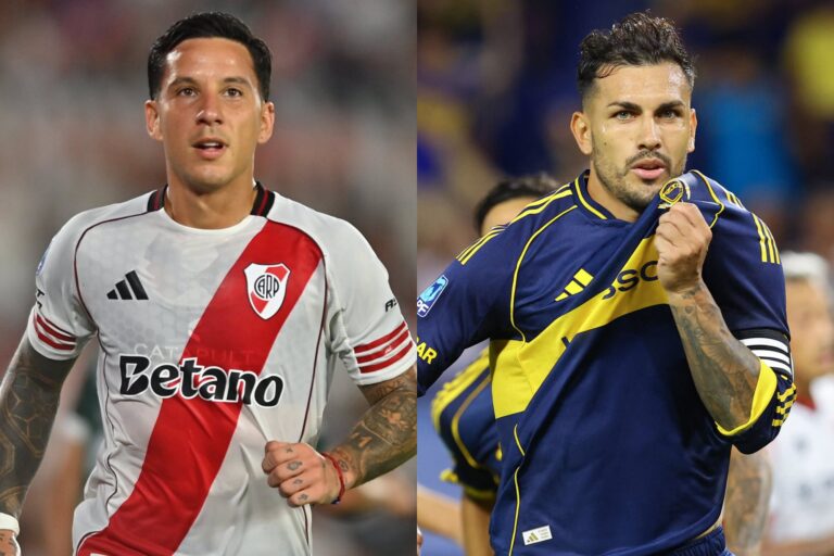 Escudos de River Plate y Boca Juniors enfrentados, con el estadio Monumental de fondo.