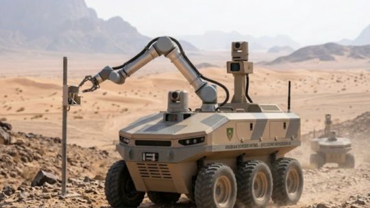 Robot autónomo de vigilancia patrullando un terreno desértico en una zona fronteriza.