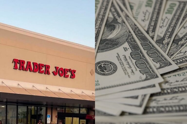 Logo de Trader Joe's y un recibo de compra con detalles de tarjeta de crédito.
