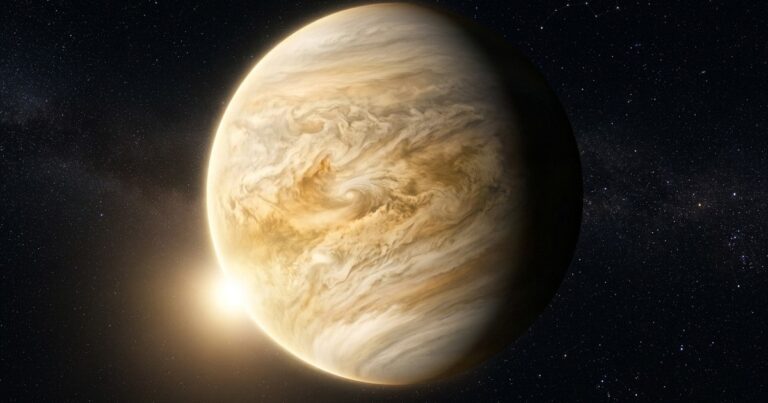 Ilustración representativa del planeta Venus y su órbita en el espacio.