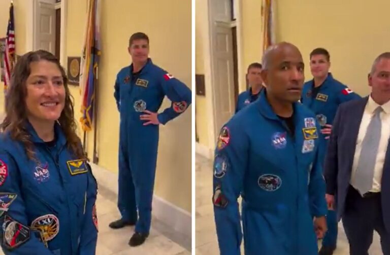 Astronautas de la misión Artemis II caminando por un pasillo del Capitolio