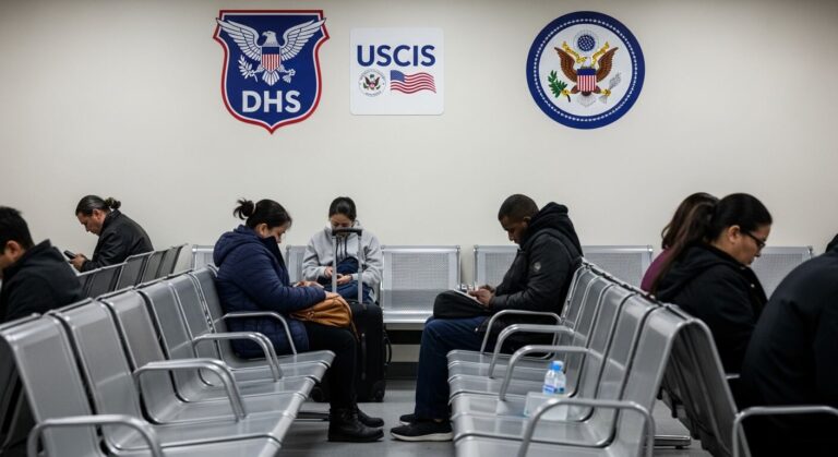 Persona revisando documentos migratorios con sello de USCIS