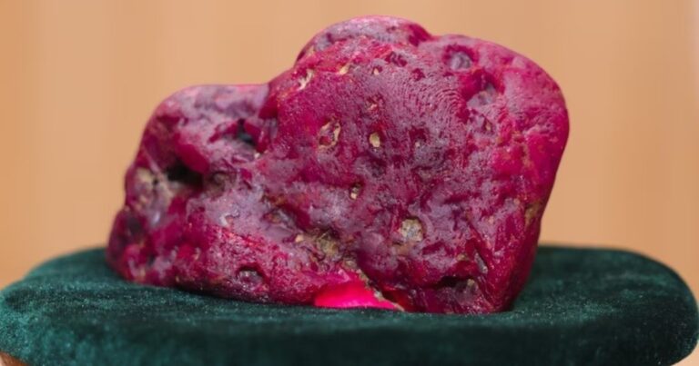 Rubí gigante de 11.000 quilates sobre una superficie, con tono rojo púrpura