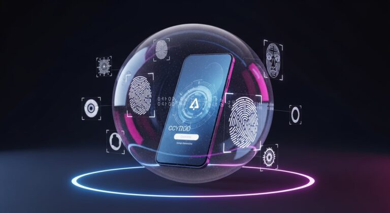 Ilustración de un teléfono móvil con iconos de huella dactilar y reconocimiento facial, representando el sistema Keyring de almacenamiento biométrico