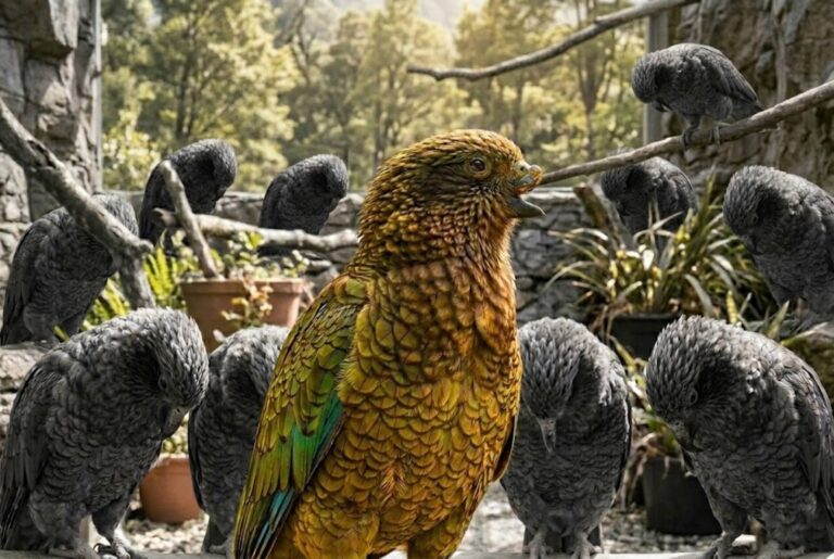 Loro kea Bruce sin pico superior en la Reserva Willowbank de Nueva Zelanda