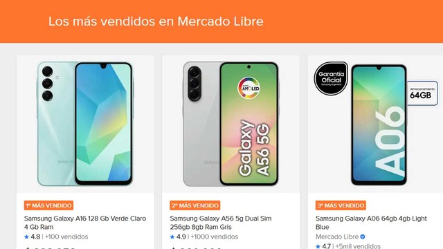 Tres celulares Samsung Galaxy A16, A55 y A06 sobre fondo gris