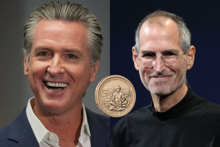 Moneda conmemorativa de Steve Jobs con diseño de colinas y robles de California