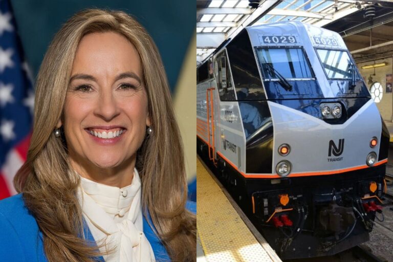 Tren de NJ Transit circulando por el puente Portal North en Nueva Jersey