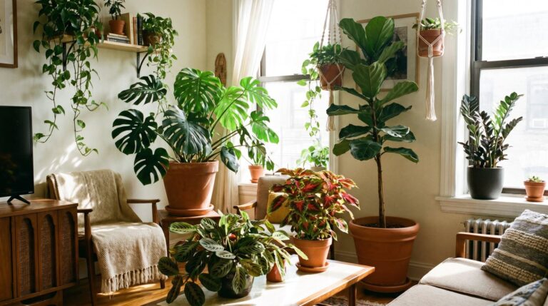 Plantas de interior frondosas y tropicales en un ambiente decorado