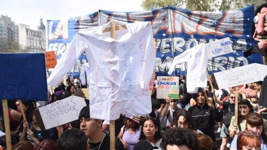 Marcha universitaria en Plaza de Mayo con manifestantes y banderas