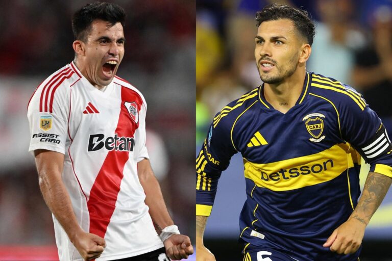 Escudos de River Plate y Boca Juniors sobre fondo de cancha de fútbol
