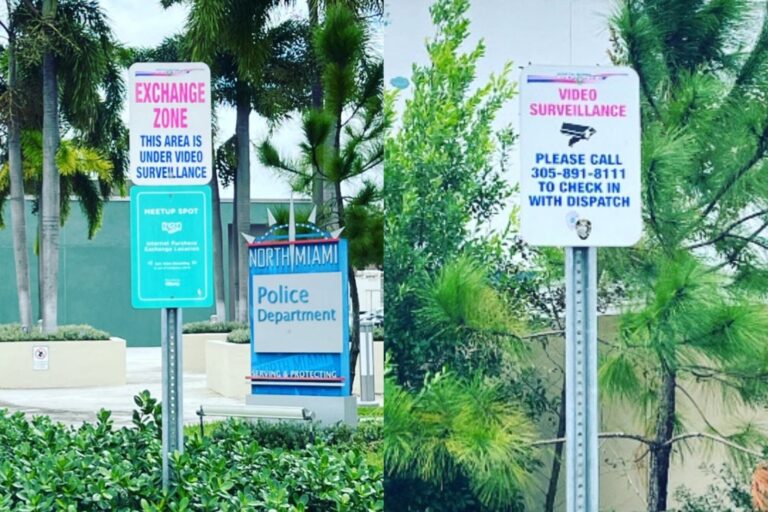 Estacionamiento vigilado de una estación policial en Miami-Dade señalizado como Safe Exchange Zone