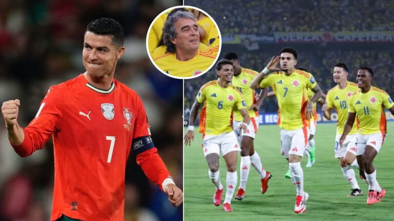 Sergio Fajardo en una imagen generada por IA simulando estar en la tribuna del Mundial 2026