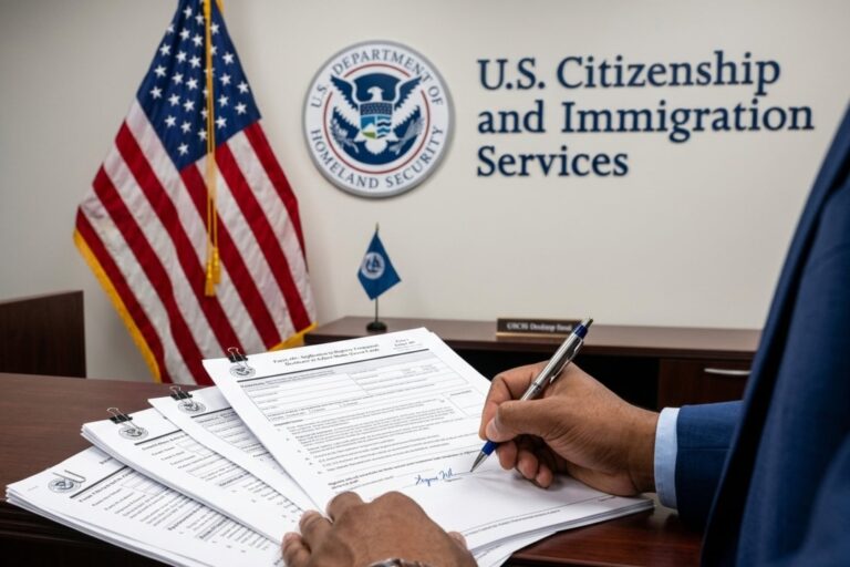 Oficina del USCIS en Estados Unidos con bandera estadounidense