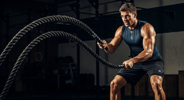 Atleta realizando ejercicios con soga de entrenamiento en un gimnasio