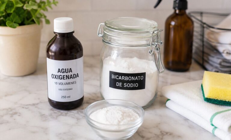 Mezcla de bicarbonato de sodio y agua oxigenada en un recipiente para limpieza del hogar