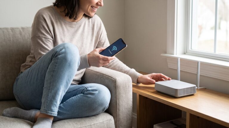Persona escaneando código QR en router con celular para conectarse al Wi-Fi sin contraseña