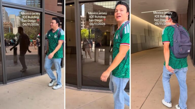 Personas confrontan a un hombre con jersey de la Selección Mexicana frente a un edificio federal