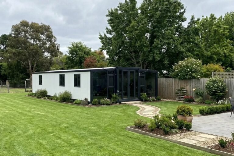 Casa prefabricada de dos dormitorios con jardín delantero