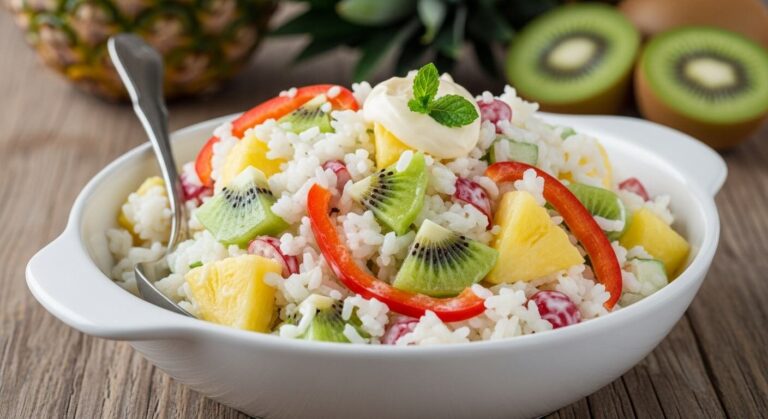 Ensalada tropical de arroz con piña y kiwi en un plato blanco