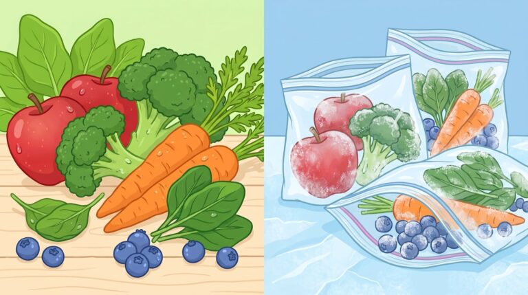 Comparación de frutas y verduras frescas y congeladas en una mesa
