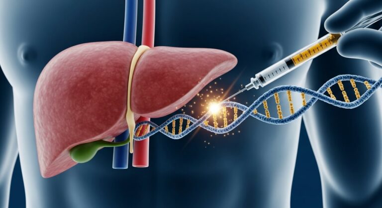 Representación de nanopartículas lipídicas transportando un editor de bases al hígado para silenciar el gen PCSK9