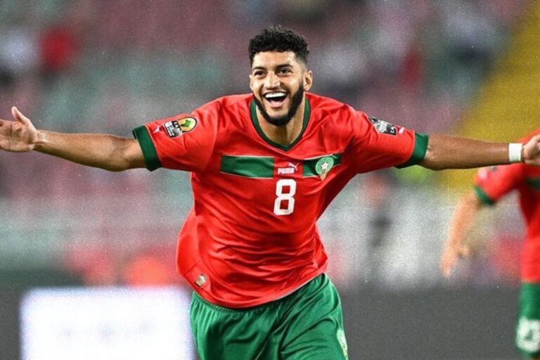 Ismail Saibari celebrando un gol con la camiseta de Marruecos