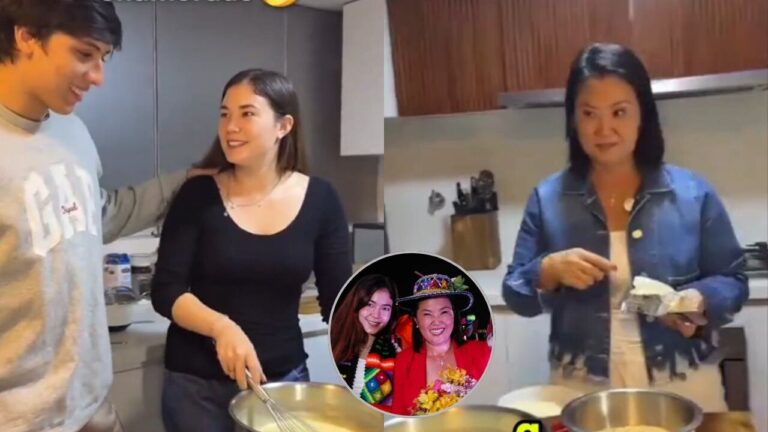 Kyara Villanella y su novio Adrián en una transmisión de cocina en vivo con Keiko Fujimori