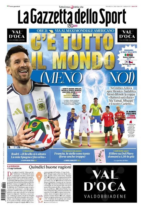 Tapa del diario La Gazzetta dello Sport del 11 de junio de 2026 con el título 'Está todo el mundo menos nosotros' y figuras del fútbol mundial