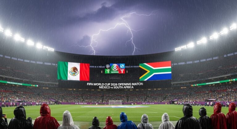 Estadio Azteca bajo la lluvia con nubes oscuras de fondo