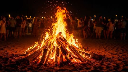 Fogata en la Noche de San Juan con personas alrededor