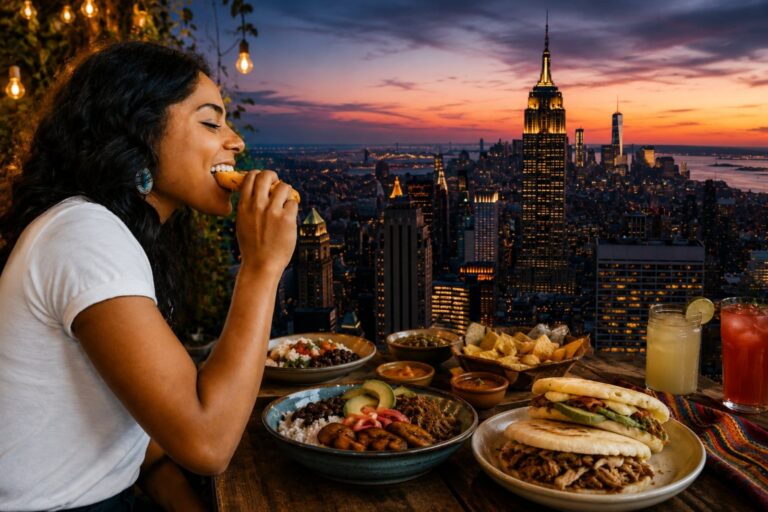 Interior de un restaurante latino en Nueva York con platos caribeños y mexicanos