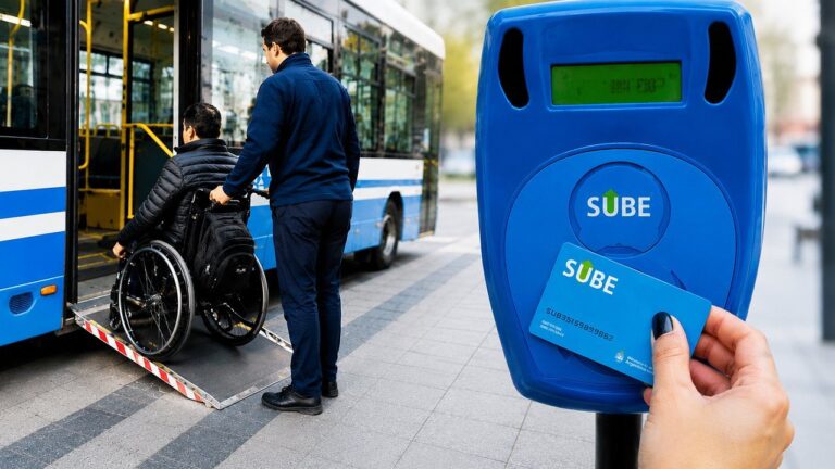 Persona usando tarjeta SUBE en validadora de colectivo